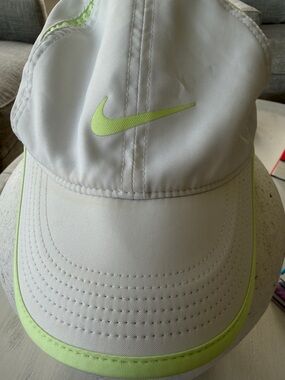 Nike Women's Featherlight Dri-Fit Hat/Cap White with Ghost Green Trim and Swoosh